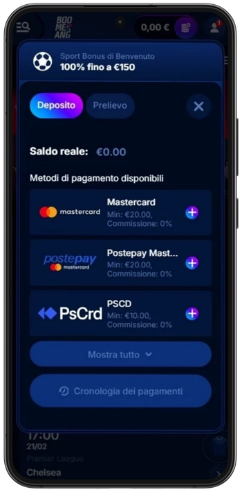 Effettuare un deposito su Boomerang Bet scegliendo il metodo di pagamento