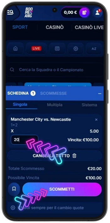 Inserire l'importo e confermare la scommessa su Boomerang Bet