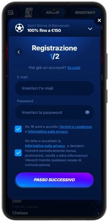 Registrazione o accesso all'account Boomerang Bet