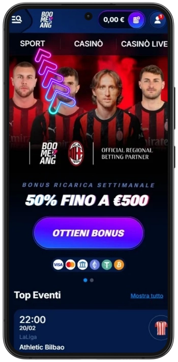 Sezione scommesse sportive su Boomerang Bet